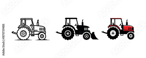 Three tractor illustrations: outline, silhouette, and colorful variants