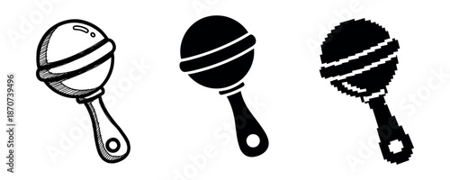 Three maracas in distinct artistic styles: sketch, silhouette, pixel