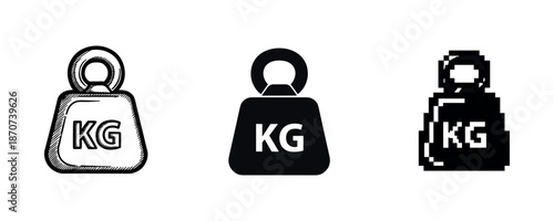 Set of three diverse style kg weight icons: sketch, solid, pixel art