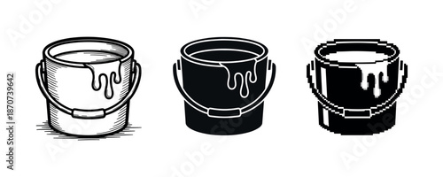 Three variants of paint buckets: sketch, silhouette, pixel art