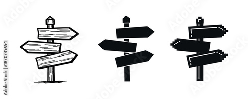 Set of three directional signposts with varied designs and styles