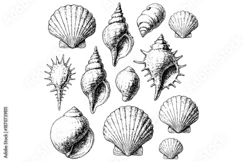 set of vector Sea Shells,
Hand-Drawn Sea Shells Vintage Engraving, Transparent Background