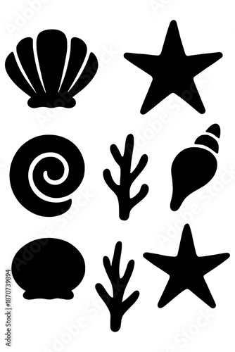 set of Sea Shells,
Sea Shells & Starfish Silhouette, Marine Vector Set