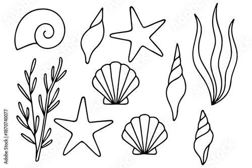 set of vector Coastal ,
Vintage Coastal Illustration Set, Sea Shells, Starfish, Coral & Seaweed