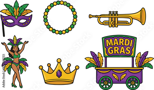 Colorful Mardi Gras celebration icons with costume dancer, beads, crown, trumpet, festive mask and parade float in vibrant carnival style