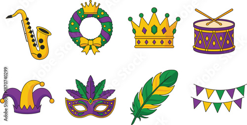 Colorful Mardi Gras celebration icons set featuring masks, feathers, crowns, and festive decorations for carnival parties and parade designs