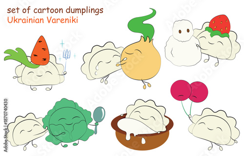 A set of vector cartoon characters: a funny dumplings (Ukrainian varenyk) in various scenes with characters of its various fillings, a varenyk in a sour cream bath, a fairy varenyk, cheese snowman.