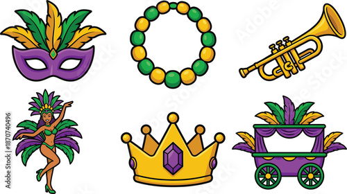 Colorful Mardi Gras icons featuring mask, beads, trumpet, carnival dancer, crown, and parade float in festive purple, green, and gold