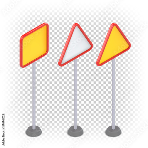 A set of vector road signs on a stand in isometric projection. Triangular and square shapes on white and yellow backgrounds.