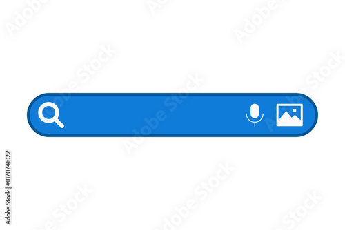 Barra de búsqueda digital de color azul con iconos de lupa micrófono y galería sobre fondo blanco