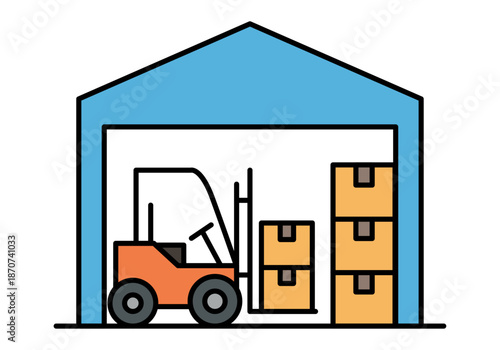Montacargas naranja dentro de un almacén azul con cajas de cartón apiladas