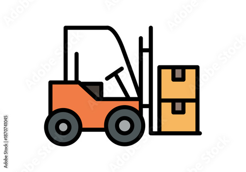 Montacargas industrial de color naranja transportando cajas de cartón