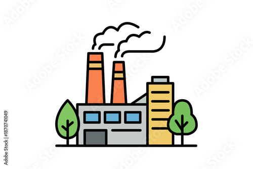 Fábrica industrial con chimeneas emitiendo humo rodeada de árboles verdes 