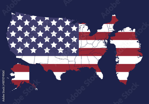 Mapa de los estados unidos de américa, con la textura de su bandera nacional incluyendo Groenlandia en un fondo azul oscuro