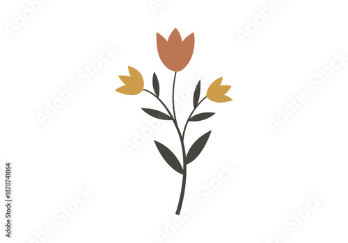 Rama con tres flores silvestres de pétalos amarillos y naranjas con hojas oscuras 