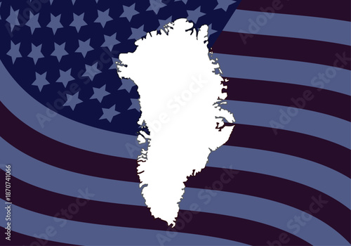 Silueta blanca del mapa de groenlandia sobre un fondo con la bandera de estados unidos américa en tonos oscuros