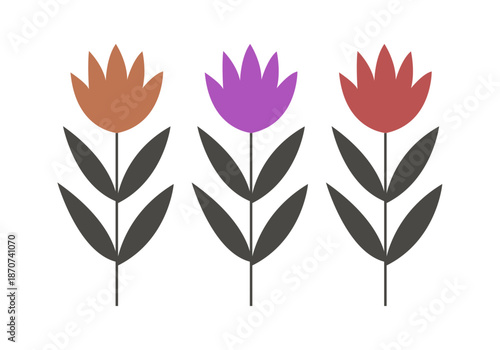 Conjunto de tres flores estilizadas con pétalos de colores y hojas oscuras 