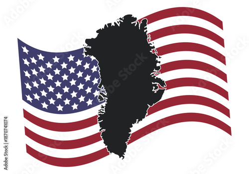 Silueta negra del mapa de groenlandia sobre el fondo de la bandera de estados unidos de américa ondeando en el viento