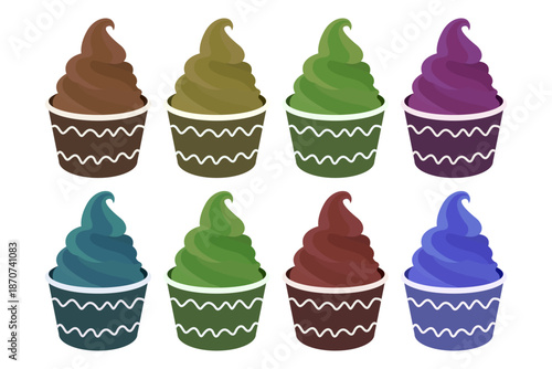 Colección de ocho helados de yogur en tarrinas con diferentes sabores y colores vibrantes 