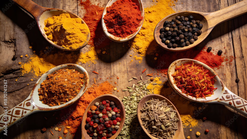 Fototapeta premium Assortment of Colorful Spices and Herbs in Wooden Spoons on Rustic Table