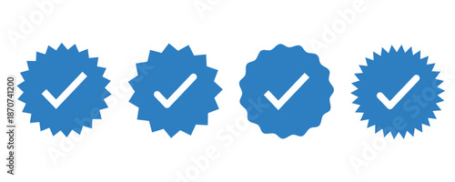 Blue check mark badges set. Verified approval seal icons. Starburst round shapes. Flat vector design elements. Quality confirmation symbols