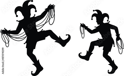 Dancing jester silhouettes holding Mardi Gras beads in festive carnival celebration style for party decoration, entertainment and costume design graphics