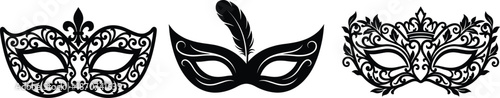 Elegant masquerade masks in ornate silhouette style featuring decorative filigree details and feathers for carnival, Mardi Gras, and costume party themes