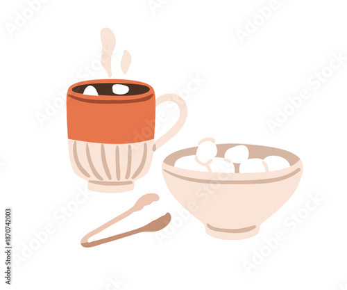 Cocoa drink served with sweet marshmallows in bowl. Warm hot beverage in mug with sugar tongs. Cacao cup, winter seasonal treat. Flat vector illustration isolated on white background