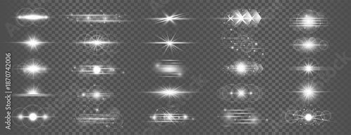 Professional Collection of White Lens Flares, Horizontal Light Bursts, and Glowing Sparkles, Radiant Optical Glints and Luminous Particles on Transparent Checkered Background