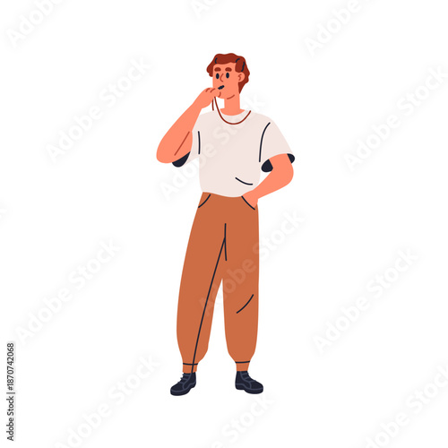 Trainer with whistle. Male PT teacher standing, whistling for attention, warning signal. Physical training, PE and gym coach, sports lesson. Flat vector illustration isolated on white background