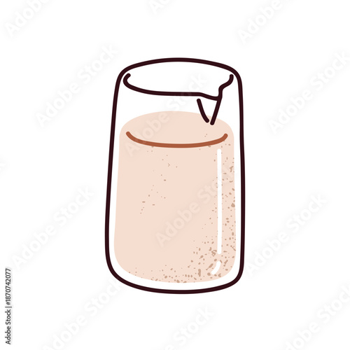 Milk pitcher. Cream in glass jug. Dairy beverage, drink in transparent small container. Creamy froth, milky foam in glassware for serving. Flat vector illustration isolated on white background