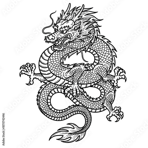 Oriental Dragon Line Art Drawing, Detailed Chinese Mythical Dragon in Black Ink Style Isolated on White, Perfect for Tattoo, Coloring Page and Graphic Design