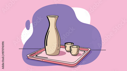 Traditional japanese sake set tray pink purple abstract background illustration