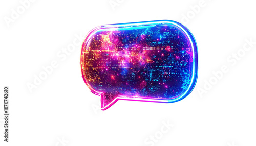 Glowing cosmic speech bubble, vibrant neon colors on black background