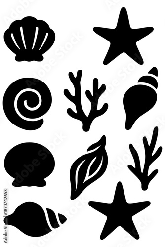 set of sea shells,
Sea Shells Silhouette Vector, Black Algae & Starfish Set
