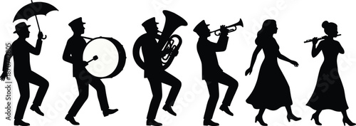 Lively marching jazz band parade with musicians playing brass instruments and dancers celebrating in silhouette, showcasing festive music performance and movement