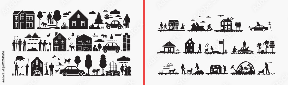 Naklejka premium house building illustration, neighborhood scene drawing, residential home artwork, suburban house design, hand drawn building clipart, town neighborhood illustration, stock house artwork