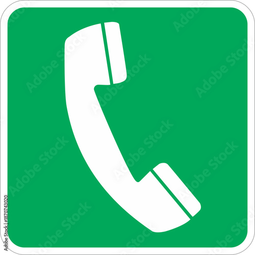 A green sign with a white telephone icon indicating a contact or help point.