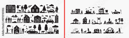 house building illustration, neighborhood scene drawing, residential home artwork, suburban house design, hand drawn building clipart, town neighborhood illustration, stock house artwork

