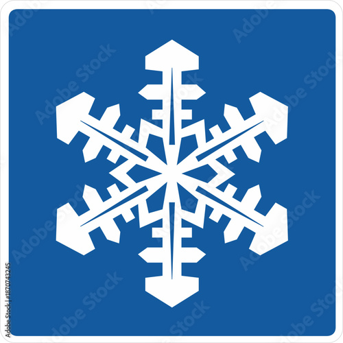 A white snowflake icon on a blue background with a white border