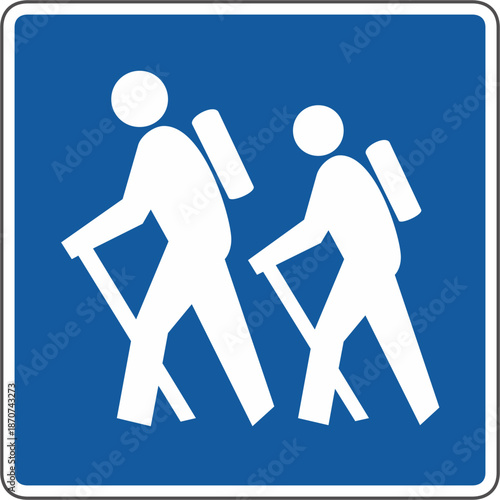 A blue sign with white icons of two hikers walking with trekking poles and backpacks.