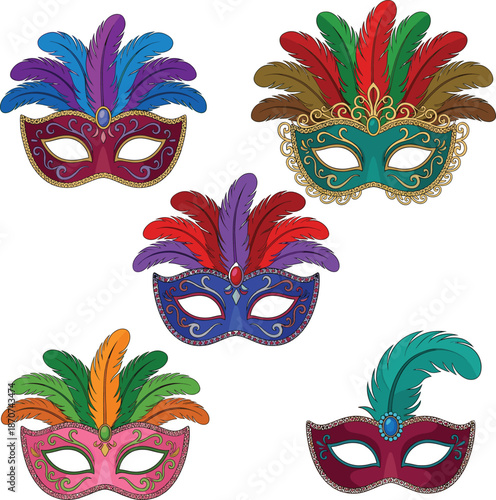 Set of colorful feather masquerade masks for Mardi Gras carnival celebration, costume party decoration and festive cultural parade illustration