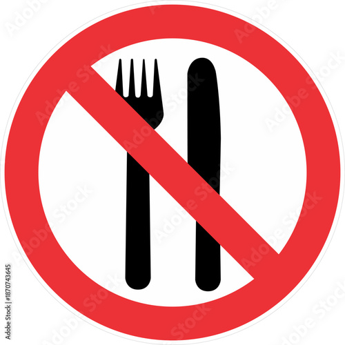 A red prohibition sign featuring a crossed out fork and knife on a white background