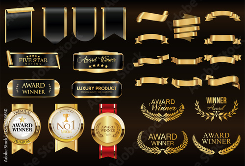 Award Winners gold and black medal logo white emblems, premium quality badges and laurels collection stock illustration 