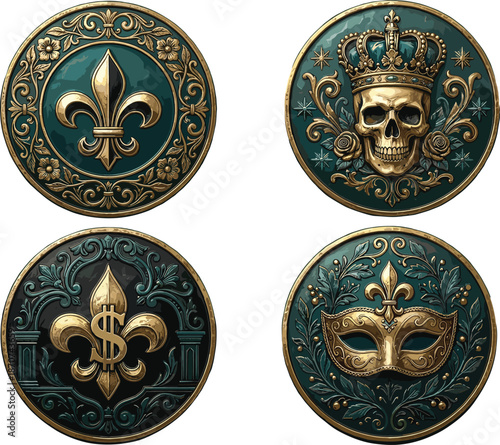 Set of ornate metallic emblem icons featuring fleur-de-lis, skull with crown, masquerade mask and decorative vintage heraldic designs