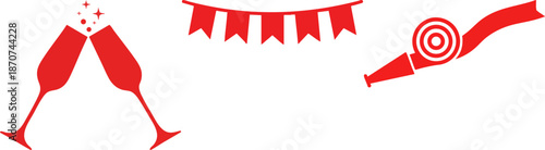 Red Celebration Party Icons: Champagne Toast, Bunting, and Blower.