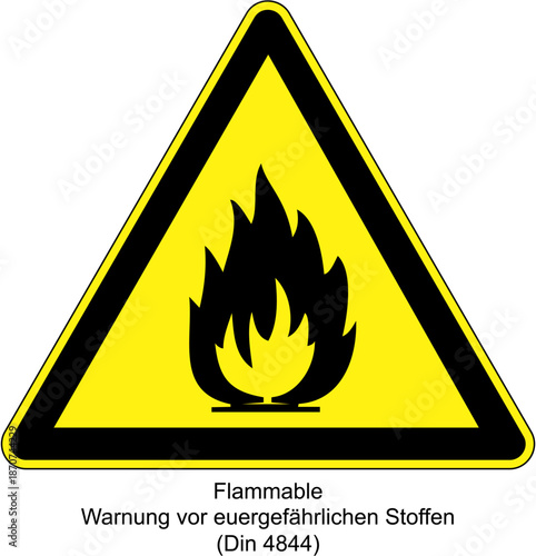 A yellow and black warning sign indicating flammable materials with a flame symbol inside a triangle.