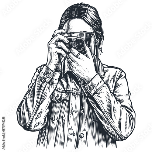 A girl photographer takes a picture with a vintage camera. Vector illustration in a detailed, hand-drawn sketch or vintage engraving style.