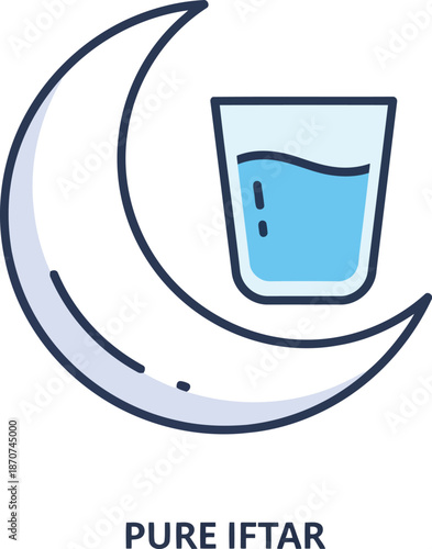 Ramadan Iftar Icon with Crescent Moon and Glass of Water – Minimalist Vector for Islamic Fasting and Eid Mubarak Designs