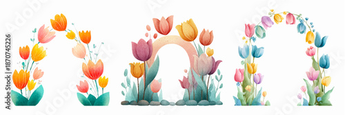 Watercolor spring arch frames with pink tulips and floral bouquets. Isolated vintage illustration set featuring delicate botanical borders and elegant tulip arrangements. Vector illustration.